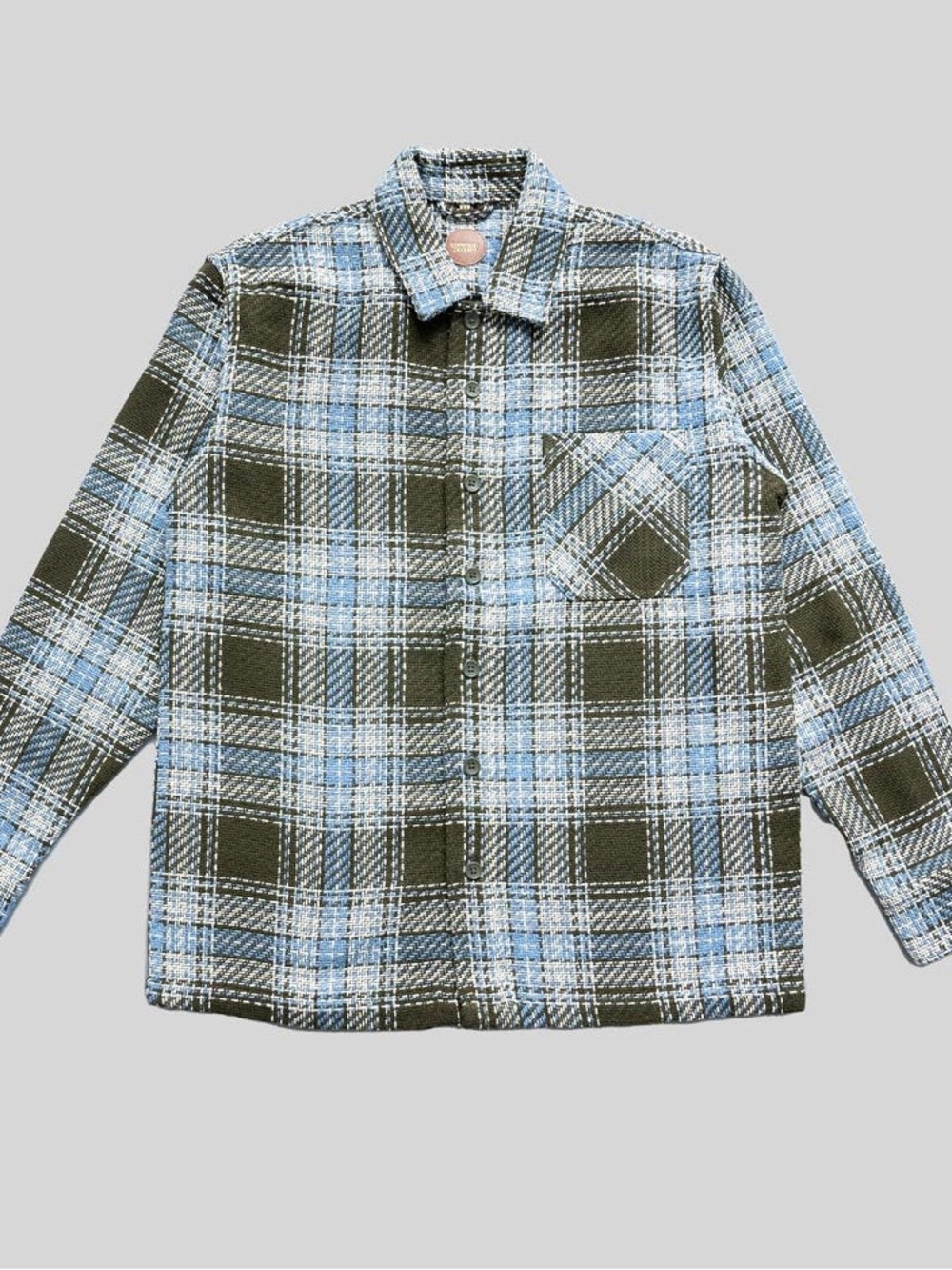 Common People Lightweight Plaid Shirt Jacket in Olive & Light Blue